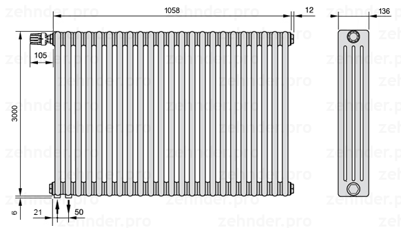 Схема (чертеж) Радиатор Zehnder Charleston 4300/23 №V001 Белый глянцевый RAL 9016